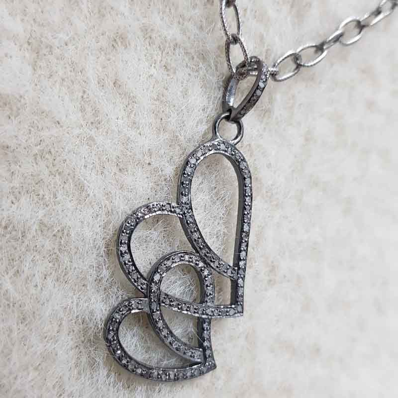 Joined Heart Designer Pave Diamond Silver Pendent