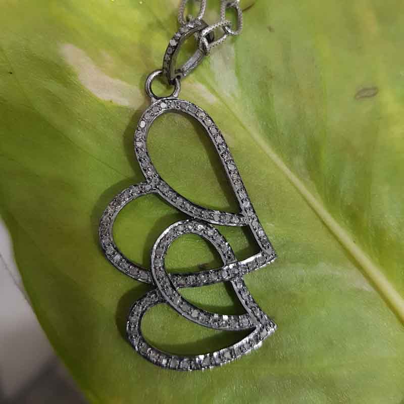 Joined Heart Designer Pave Diamond Silver Pendent