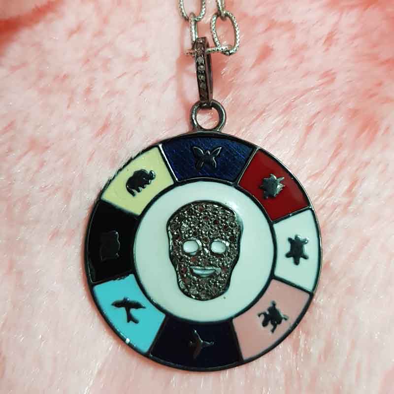 Skull Pendent With Multi Charm And Enamel Pave Diamond Pendent