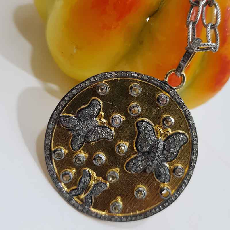 Round Yellow And Black Butterfly Designer Pave Diamond 925 Sterling Silver Pendant