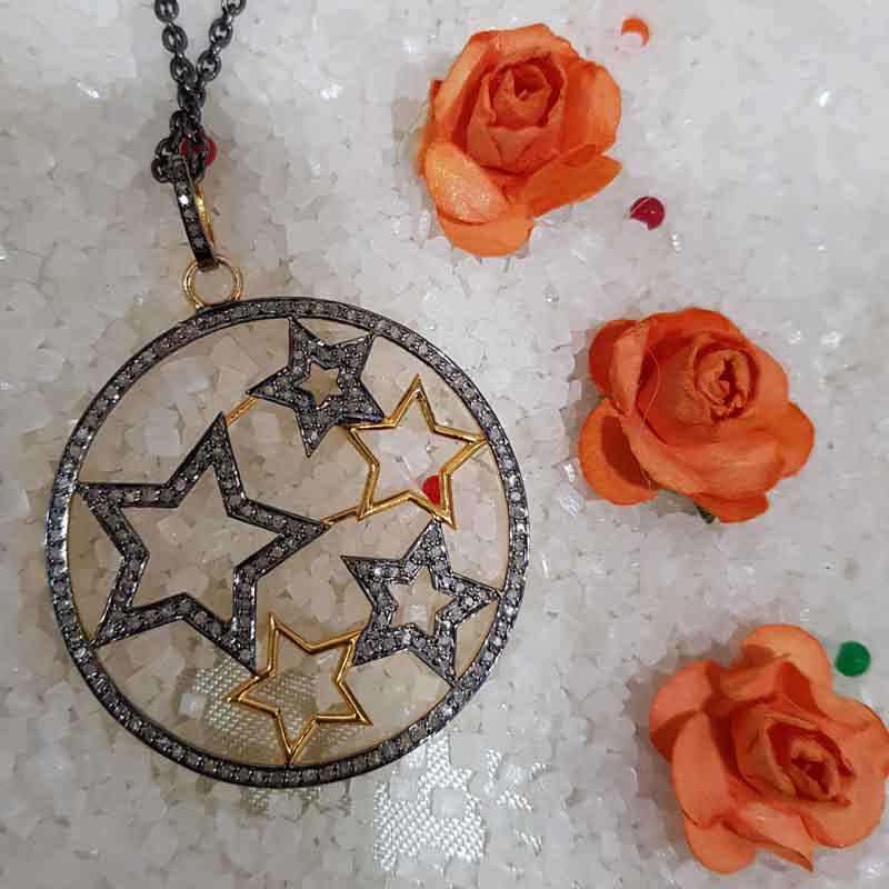 Round Designed Pave Diamond Handmade Style Multi Star Pendent