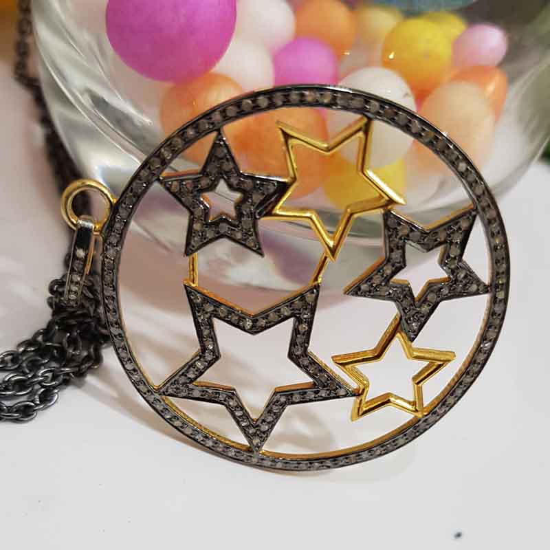 Round Designed Pave Diamond Handmade Style Multi Star Pendent