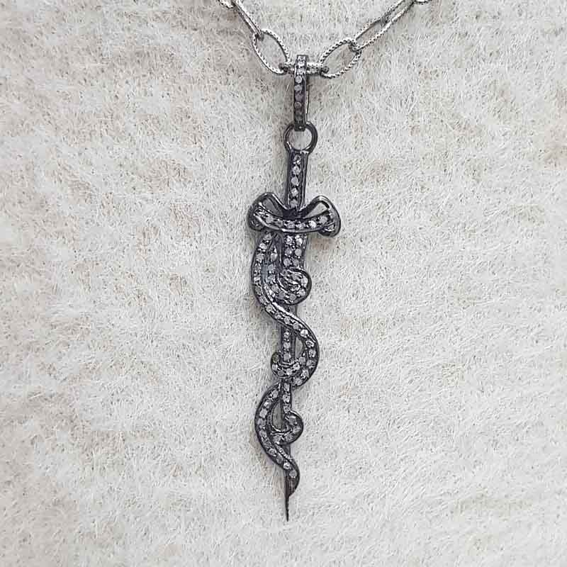 Black Beautiful Snake Designed Pave Diamond Sterling Silver Pendent