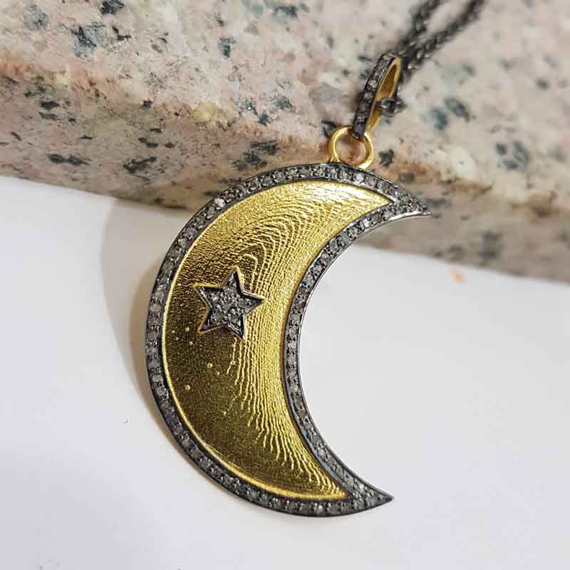 Stylish Moon with star Pave Diamond pendent