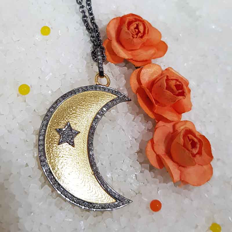 Stylish Moon with star Pave Diamond pendent