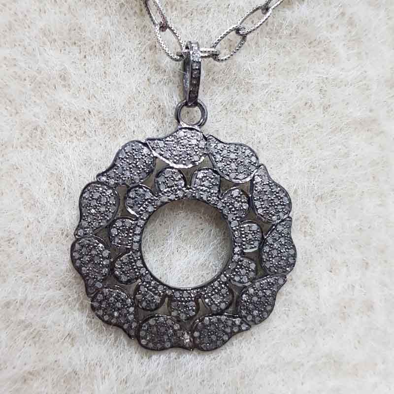 Flower Style Round Designer pave Diamond Silver pendent