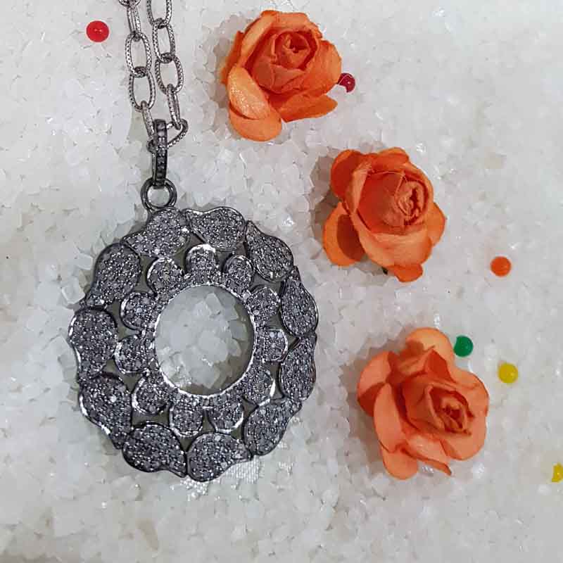 Flower Style Round Designer pave Diamond Silver pendent