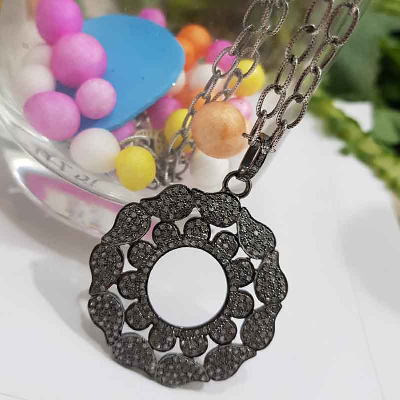 Flower Style Round Designer pave Diamond Silver pendent