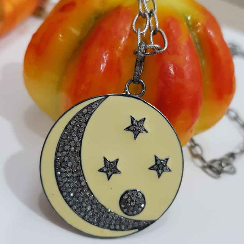 Round Fancy Designer Moon With Star Enamel Pave Diamond Handmade Style Pendent