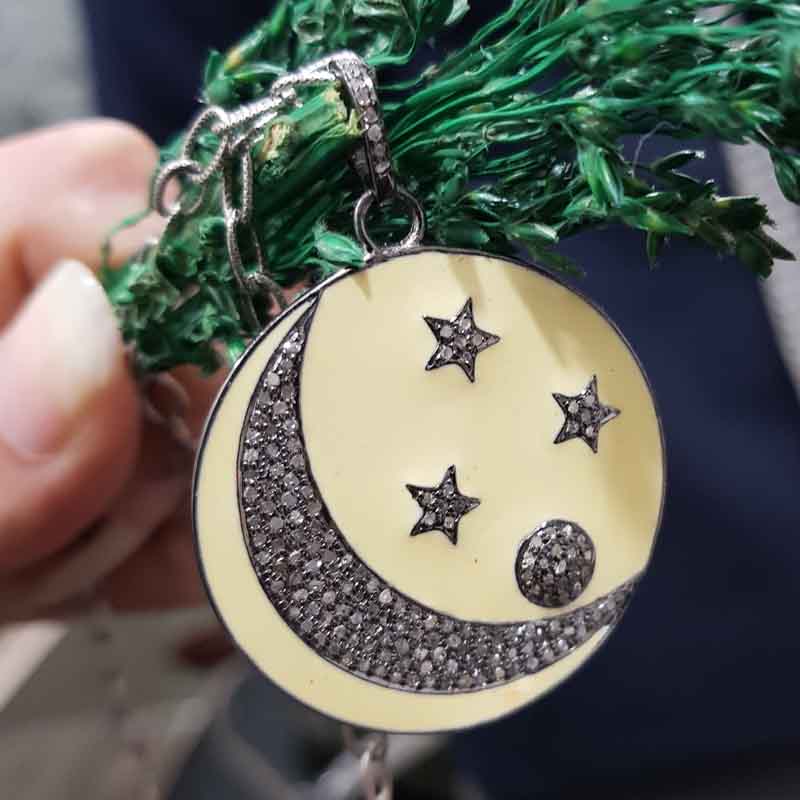 Round Fancy Designer Moon With Star Enamel Pave Diamond Handmade Style Pendent