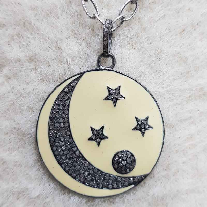 Round Fancy Designer Moon With Star Enamel Pave Diamond Handmade Style Pendent