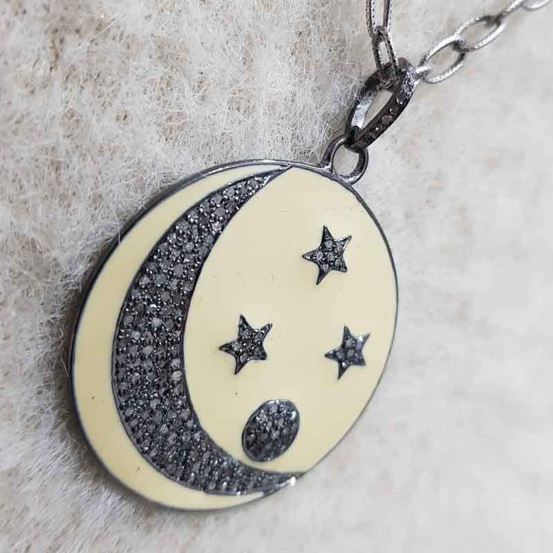 Round Fancy Designer Moon With Star Enamel Pave Diamond Handmade Style Pendent