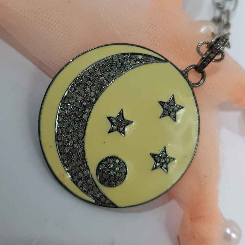 Round Fancy Designer Moon With Star Enamel Pave Diamond Handmade Style Pendent