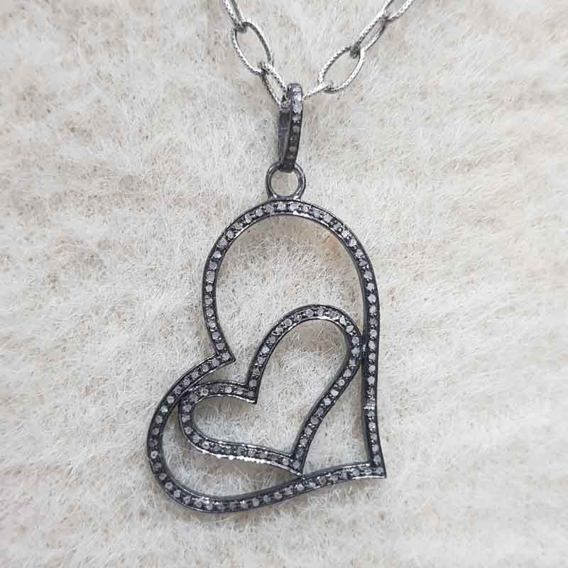 925 Sterling Silver Pave Diamond Joined Heart Pendent