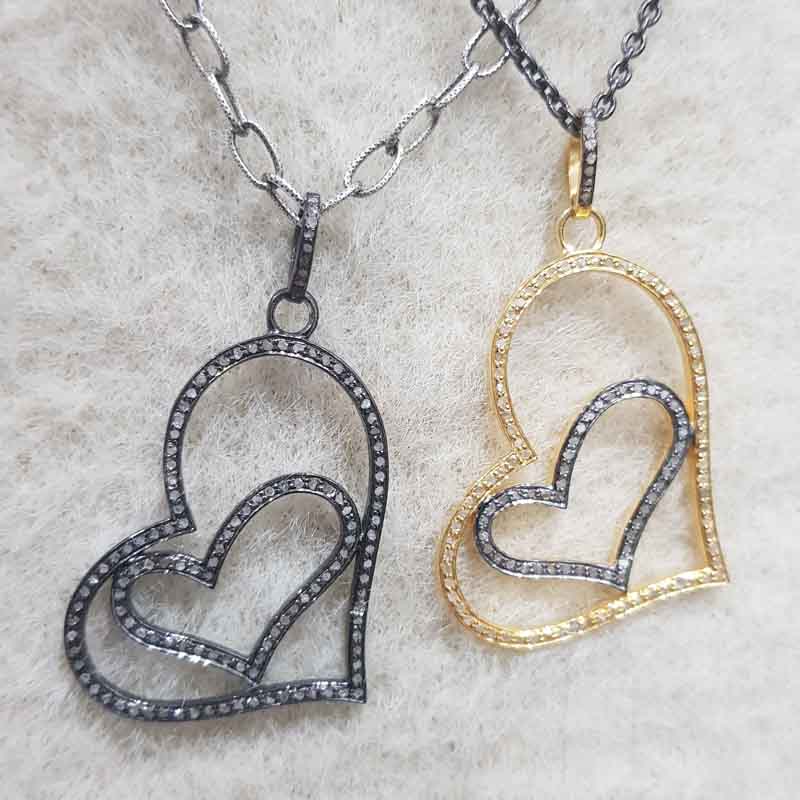 925 Sterling Silver Pave Diamond Joined Heart Pendent