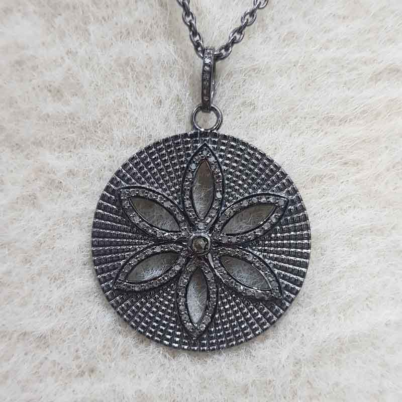 Round With Flower Style Beautiful Pave Diamond Handmade Fancy Pendant