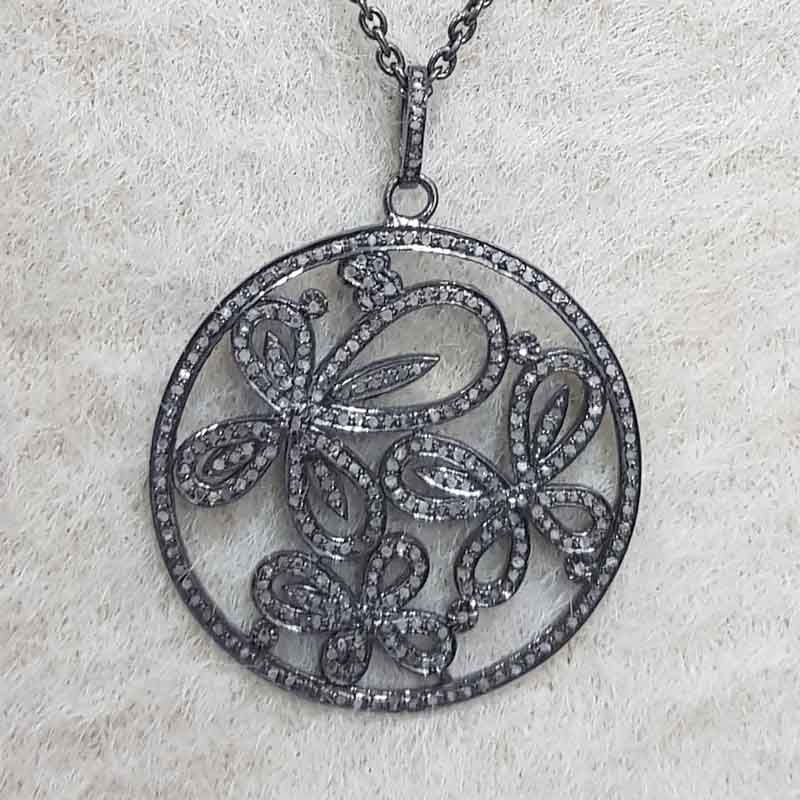 Round Designer Flower Style Pave Diamond Fancy Pendent