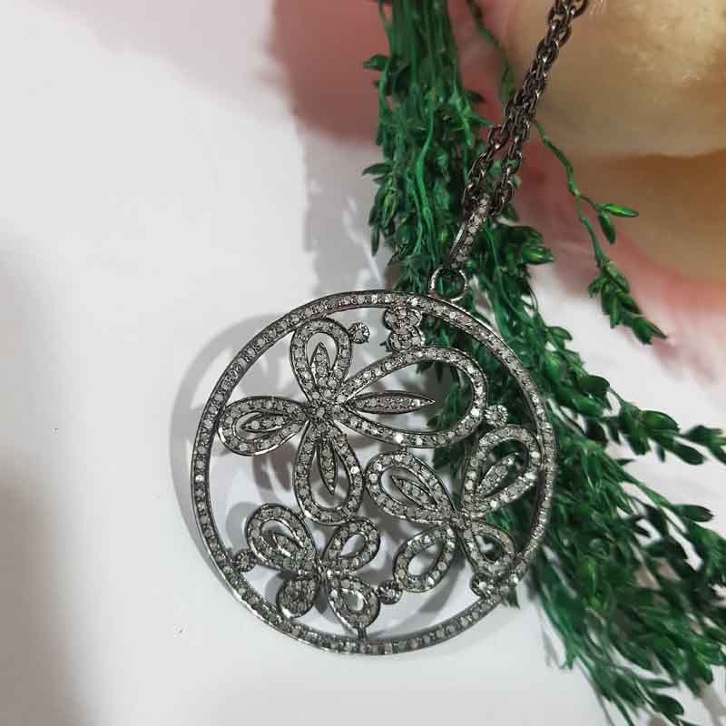 Round Designer Flower Style Pave Diamond Fancy Pendent