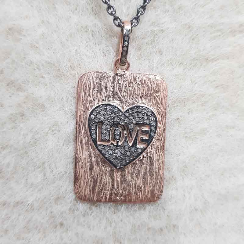 Stylish Black,Rose Gold,Yellow Tag With Heart & Love 925 Sterling Silver Pave Diamond Pendent