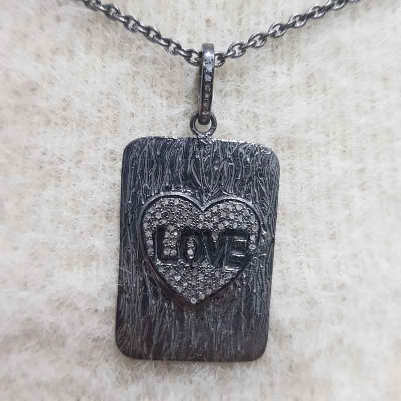 Stylish Black,Rose Gold,Yellow Tag With Heart & Love 925 Sterling Silver Pave Diamond Pendent