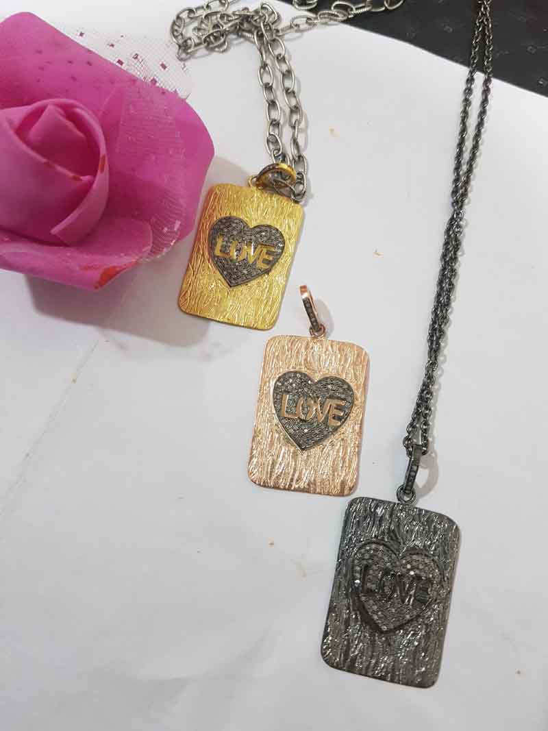 Stylish Black,Rose Gold,Yellow Tag With Heart & Love 925 Sterling Silver Pave Diamond Pendent