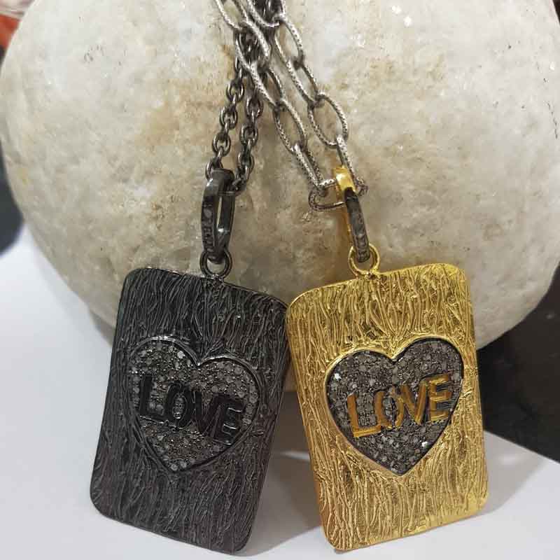 Stylish Black,Rose Gold,Yellow Tag With Heart & Love 925 Sterling Silver Pave Diamond Pendent