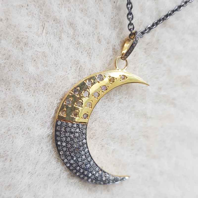 Handmade Designer Two Tone Pave Diamond Moon Pendent