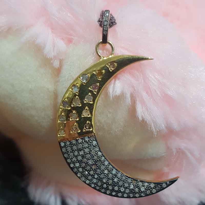 Handmade Designer Two Tone Pave Diamond Moon Pendent