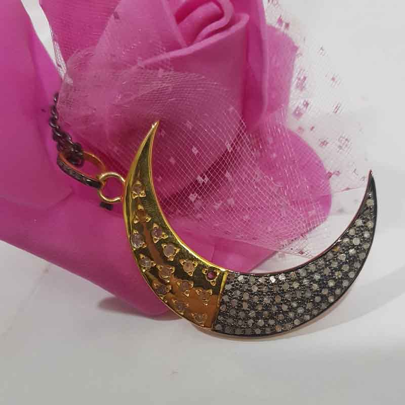 Handmade Designer Two Tone Pave Diamond Moon Pendent