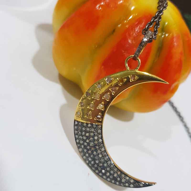 Handmade Designer Two Tone Pave Diamond Moon Pendent