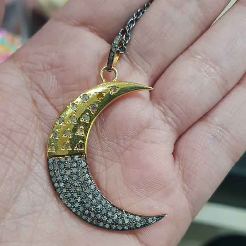 Handmade Designer Two Tone Pave Diamond Moon Pendent