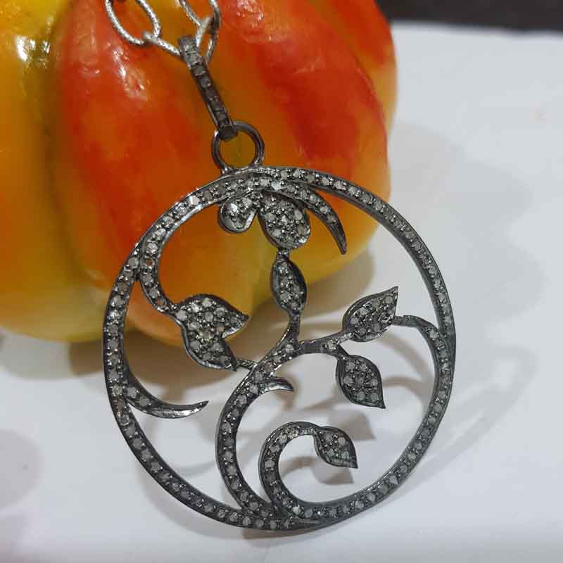 Natural Pave Diamond Leaf Style Round Designer Pendent