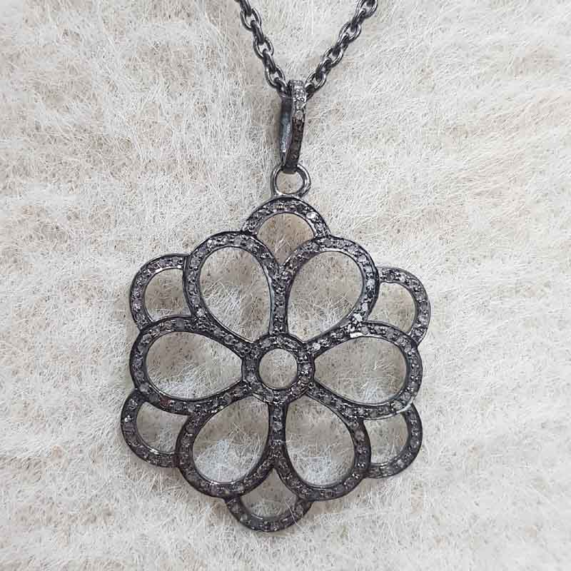 Fancy Style Pave Diamond Flower Designed Pendent