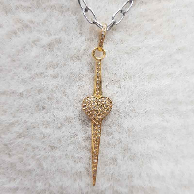 Long Fancy Designer Arrowhead Style Pave Diamond Heart Pendent