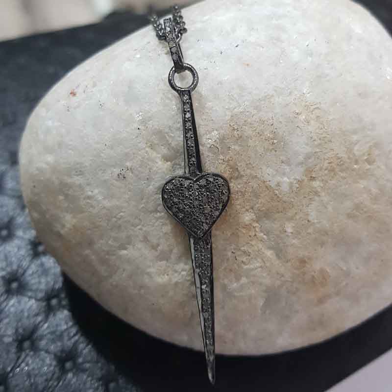 Long Fancy Designer Arrowhead Style Pave Diamond Heart Pendent