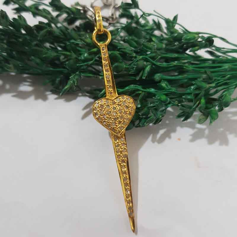 Long Fancy Designer Arrowhead Style Pave Diamond Heart Pendent