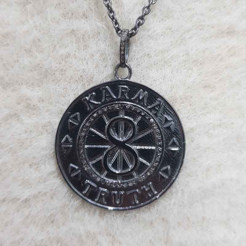 Round Disk KARMA TRUTH Pave Diamond Silver Pendent