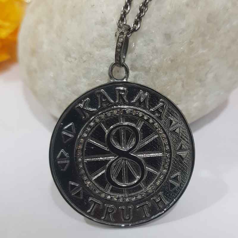 Round Disk KARMA TRUTH Pave Diamond Silver Pendent