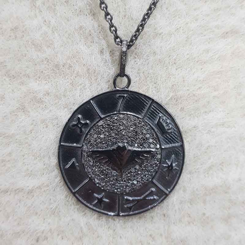 Pave Diamond Round Disk Pendent With Multi Charm