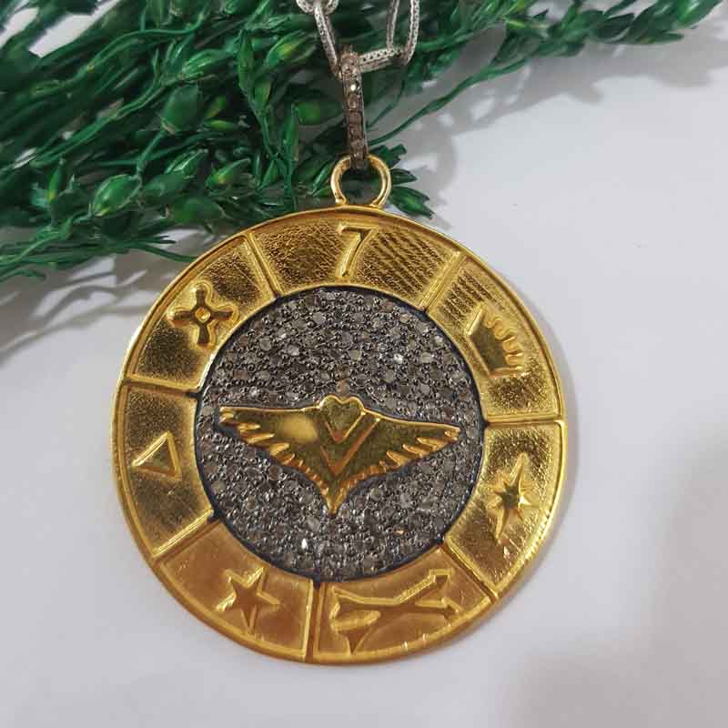 Pave Diamond Round Disk Pendent With Multi Charm