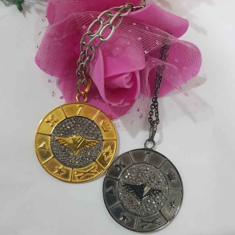 Pave Diamond Round Disk Pendent With Multi Charm