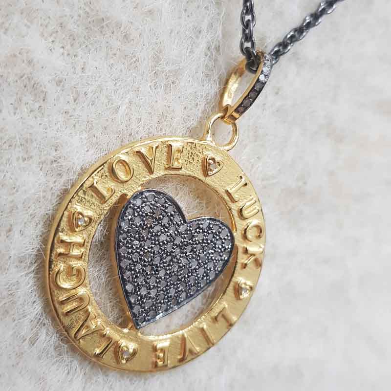 Beautifully Designed Round Disk Joined Little Pave Diamond Heart Pendent