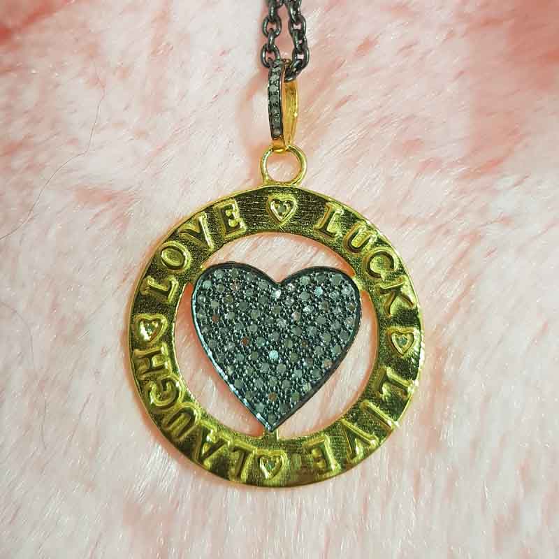 Beautifully Designed Round Disk Joined Little Pave Diamond Heart Pendent