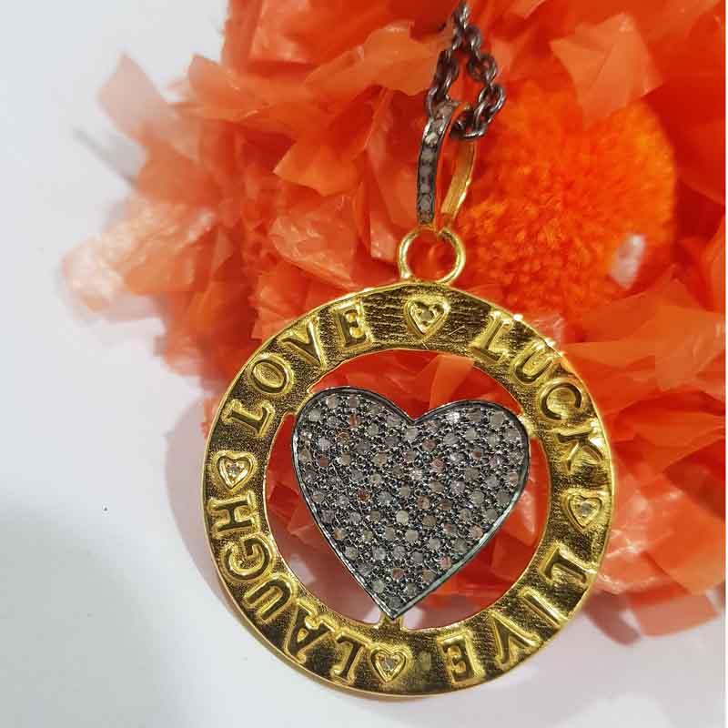 Beautifully Designed Round Disk Joined Little Pave Diamond Heart Pendent