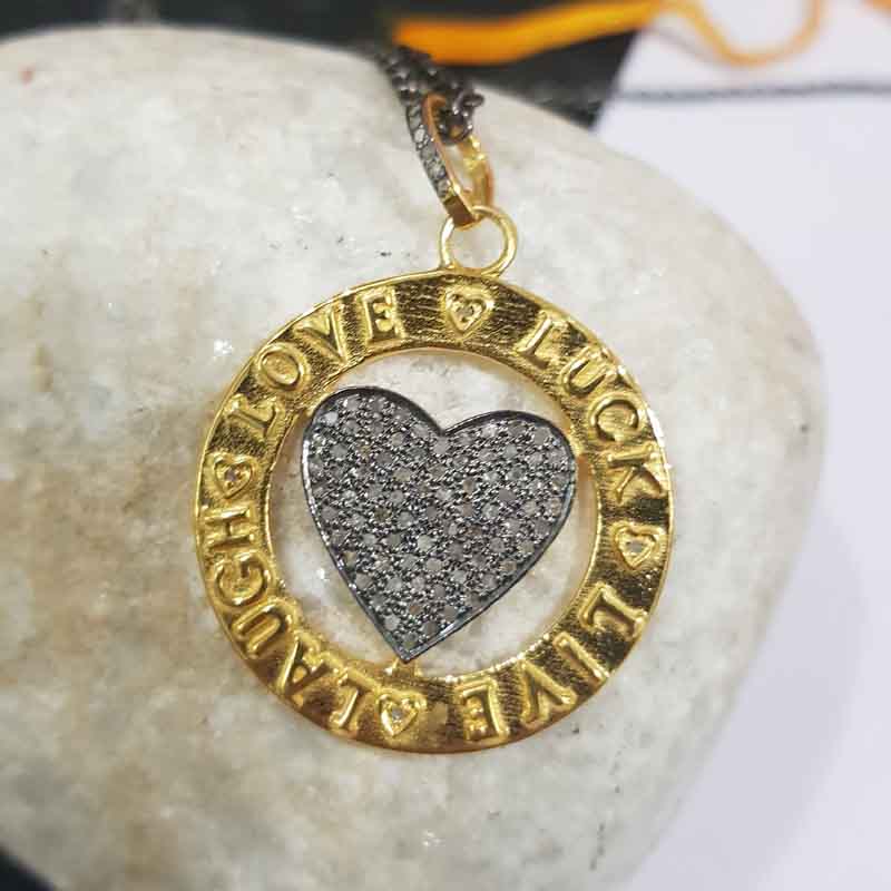 Beautifully Designed Round Disk Joined Little Pave Diamond Heart Pendent