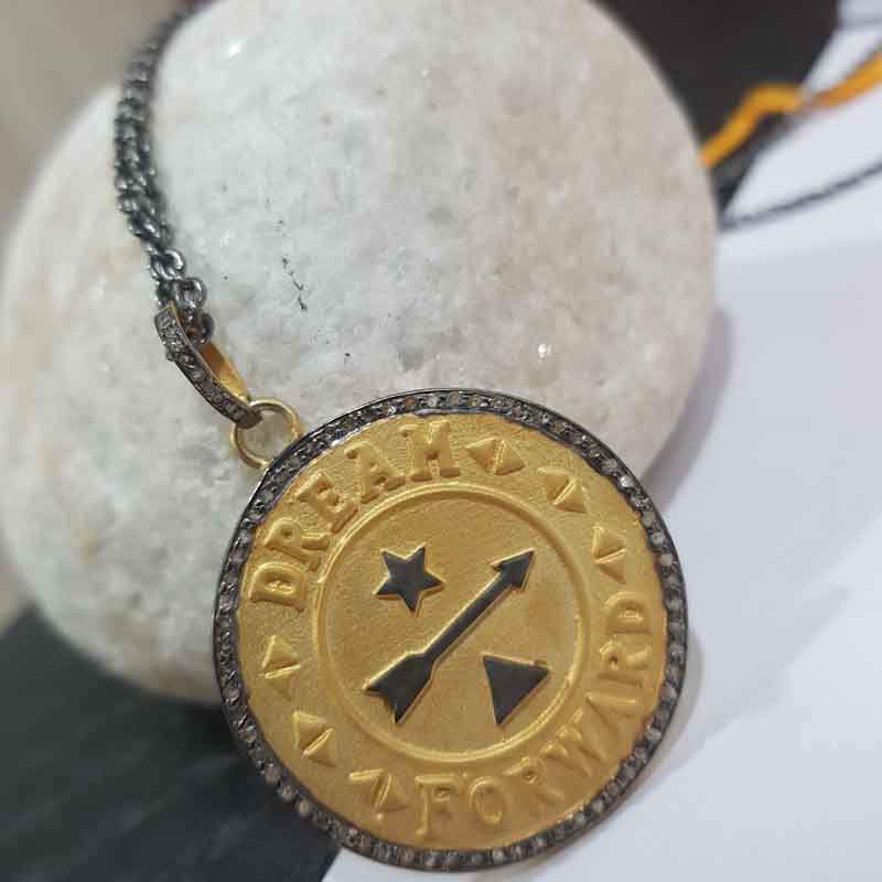 Yellow Matte Finish Designer Pave Diamond Round Disk Pendent