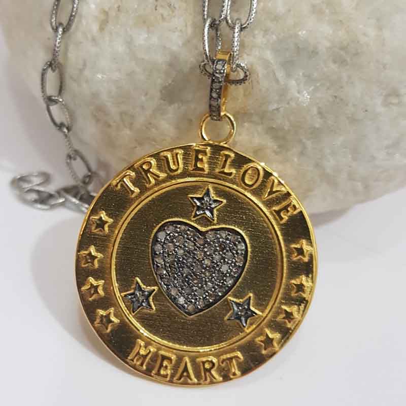 Letters With Heart Pave Diamond Round Disk Pendent