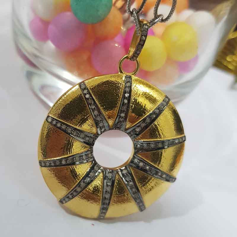 Yellow Round Sunburst Pendent With Pave Layers