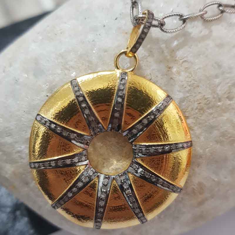 Yellow Round Sunburst Pendent With Pave Layers