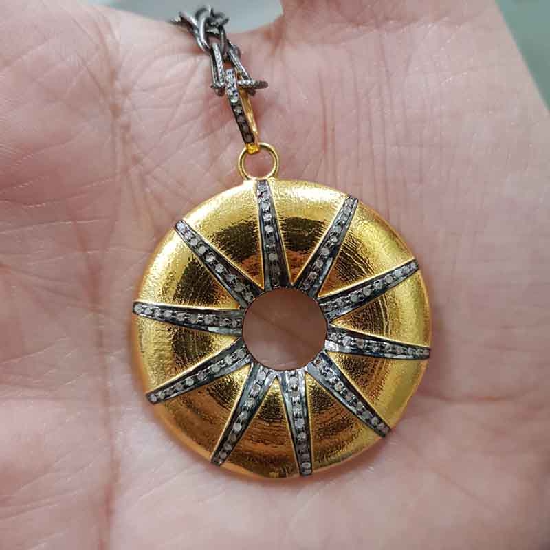 Yellow Round Sunburst Pendent With Pave Layers